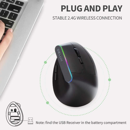 DELUX Wireless Ergonomic Vertical Mouse with 1600DPI, 2.4G Wireless Optical Mouse with USB Receiver, 6 Buttons, Ergo 57 Degr