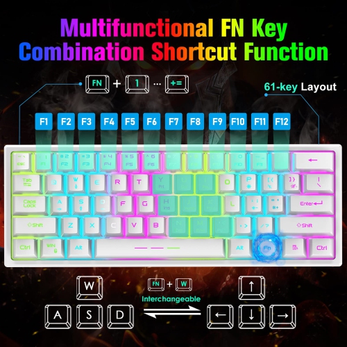 60% Wireless Gaming Keyboard and Mouse Combo with Ergonomic 61 Key Rainbow LED Backlight Anti-ghosting Mechanical Feel Recha