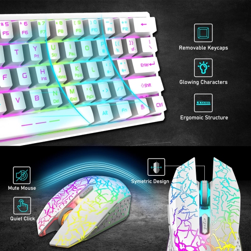 60% Wireless Gaming Keyboard and Mouse Combo with Ergonomic 61 Key Rainbow LED Backlight Anti-ghosting Mechanical Feel Recha