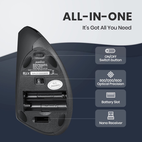 Perixx PERIMICE-713L Left Handed Ergonomic Wireless Vertical Mouse - 800/1200/1600 DPI - Recommended with RSI User