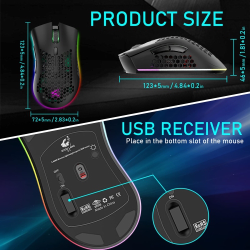 Wireless Lightweight Gaming Mouse Honeycomb with 7 Button Multi RGB Backlit Perforated Ergonomic Shell Optical Sensor Adjust