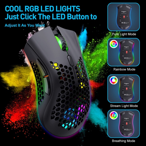 Wireless Lightweight Gaming Mouse, Ultralight Honeycomb Mice with RGB Backlit, Adjustable DPI, Bluetooth 2.4G Wireless Recha