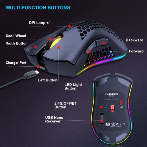 Wireless Lightweight Gaming Mouse, Ultralight Honeycomb Mice with RGB Backlit, Adjustable DPI, Bluetooth 2.4G Wireless Recha