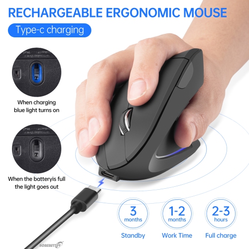 Souris sans fil verticale ergonomique rechargeable pour droitier Bluetooth 5,1 et 2,4 GHz, ajustable 800/1200/1600 de type C à 3 niveaux de ppp,