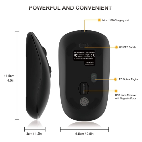 Rechargeable Wireless Mouse for Laptop, Cimetech 2.4G Computer Mouse Cordless Optical Mice, Slim Quiet Wireless Mouse with U