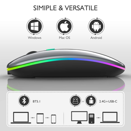 LED Bluetooth Mouse, Rechargeable Wireless Mouse, Compatible for Tablet Chromebook Windows PC Laptop, Black