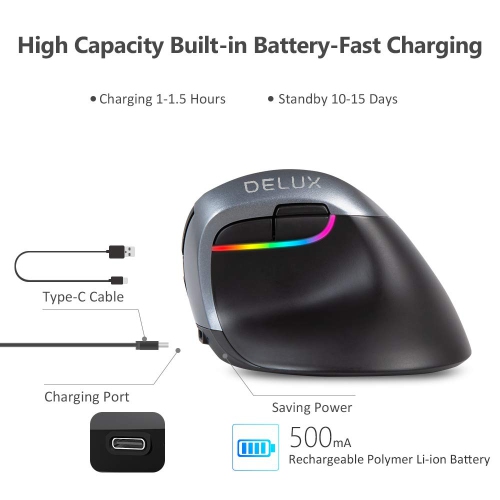 Souris verticale sans fil rechargeable de luxe, petite souris ergonomique silencieuse 2,4 GHz avec BT 4.0, 6 boutons et 4 ppp de Gear, RGB COM