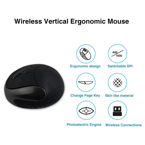 Wireless Mouse 2.4G Ergonomic Vertical Optical Mouse with Nano Receiver,4 Adjustable DPI 800/1200/1600/2400,Rechargeable 6 Buttons for