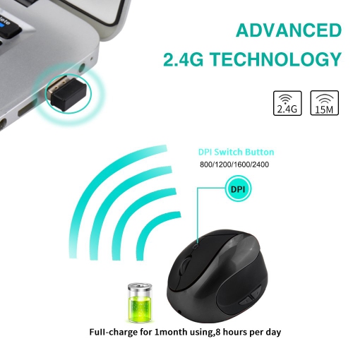 Wireless Mouse 2.4G Ergonomic Vertical Optical Mouse with Nano Receiver,4 Adjustable DPI 800/1200/1600/2400,Rechargeable 6 Buttons for