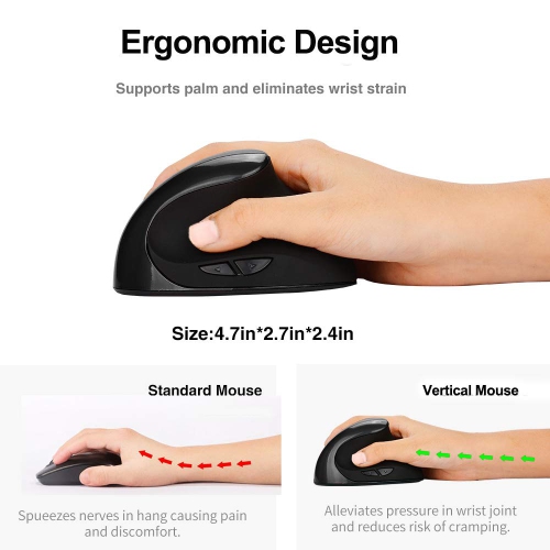 Wireless Mouse 2.4G Ergonomic Vertical Optical Mouse with Nano Receiver,4 Adjustable DPI 800/1200/1600/2400,Rechargeable 6 Buttons for