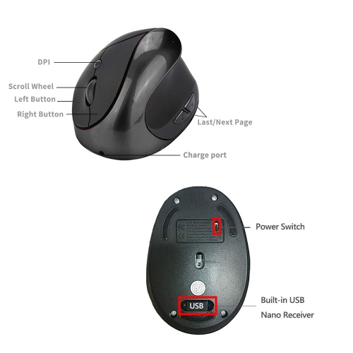 Wireless Mouse 2.4G Ergonomic Vertical Optical Mouse with Nano Receiver,4 Adjustable DPI 800/1200/1600/2400,Rechargeable 6 Buttons for