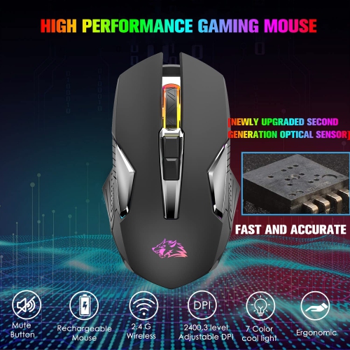 Wireless Gaming Mouse Rechargeable with Rainbow RGB Backlit ,Optical Sensor 3 Level DPI,Ergonomic Gamer Laptop High Performa