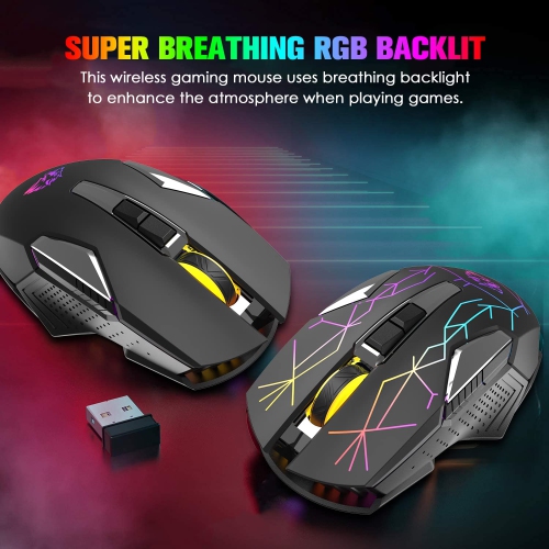 Wireless Gaming Mouse Rechargeable with Rainbow RGB Backlit ,Optical Sensor 3 Level DPI,Ergonomic Gamer Laptop High Performa