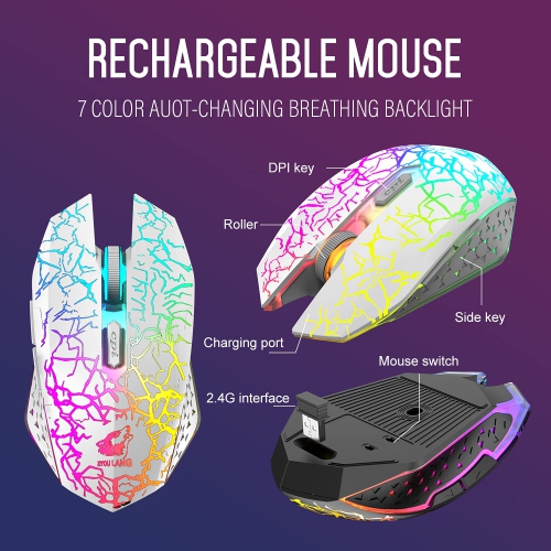 Wireless Keyboard and Mouse,61 Key Rainbow Backlit Gaming Keyboard with Keyboard Wrist Rest,Rechargeable 4000mAh,Mechanical