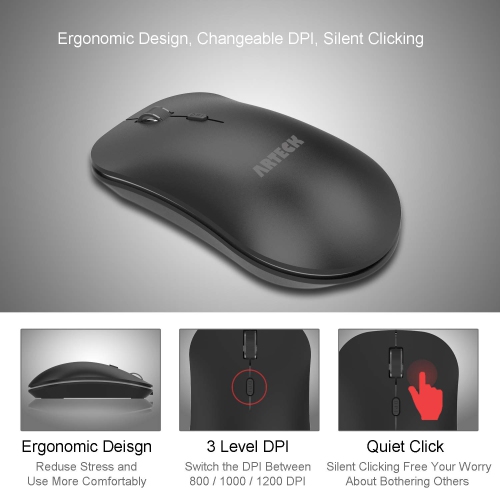 Arteck 2.4G Wireless Mouse with Nano USB Receiver Ergonomic Design Silent Clicking for Computer / Desktop / PC / Laptop and