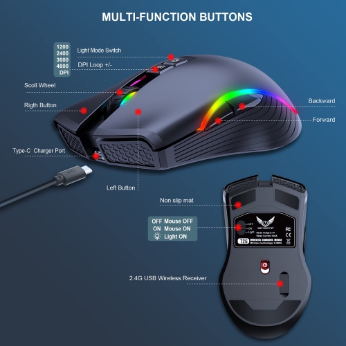 Rechargeable Wireless Gaming Mouse, RGB LED Backlit Mouse with 4 Adjustable DPI, 7 Button, 2.4G USB Optical Gaming Ergonomic