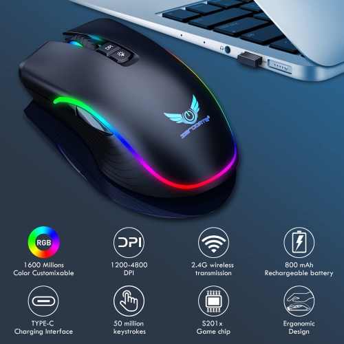Rechargeable Wireless Gaming Mouse, RGB LED Backlit Mouse with 4 Adjustable DPI, 7 Button, 2.4G USB Optical Gaming Ergonomic