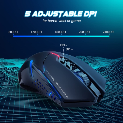 Wireless Gaming Mouse- USB Cordless PC Computer Mice with LED Blue Backlit, Ergonomic Silent Gamer Laptop Mouse with 7 Silen