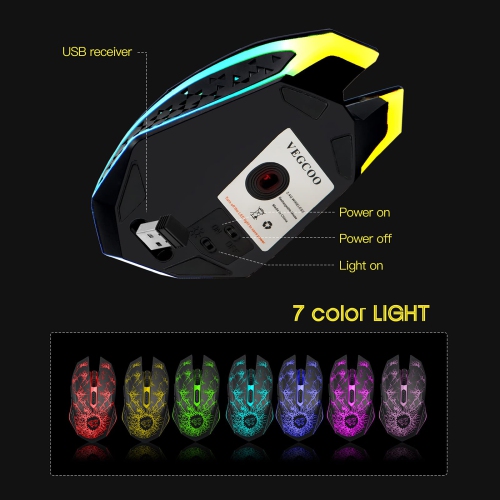 VEGCOO C10 Wireless Gaming Mouse, Rechargeable Gaming Mouse , Silent Optical Mice with 2.4G USB Receiver, 3 Level DPI, 7 But