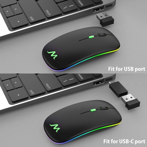 LED Rechargeable Wireless Mouse, 2.4G Slim Wireless Silent Computer Mouse with USB and Type C Receiver Compatible with Noteb