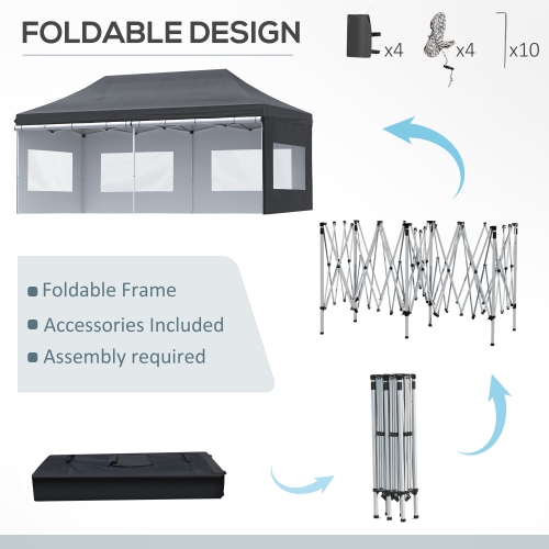 Abri pliant instantané avec parois amovibles, abri escamotable Outsunny, 20 x 10 pi, 6 fenêtres, 4 sacs de sable et sac de transport, noir