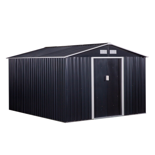 Outsunny 9' x 11' Garden Storage Shed with Foundation Kit, Metal Tool Storage House with Double Doors for Outdoor Patio Yard, Dark Grey