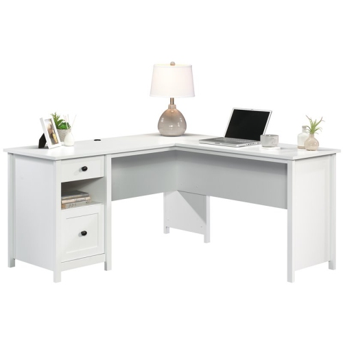 Pemberly Row Wooden L Shaped Computer Desk in Soft White