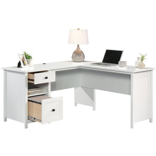 Pemberly Row Wooden L Shaped Computer Desk in Soft White