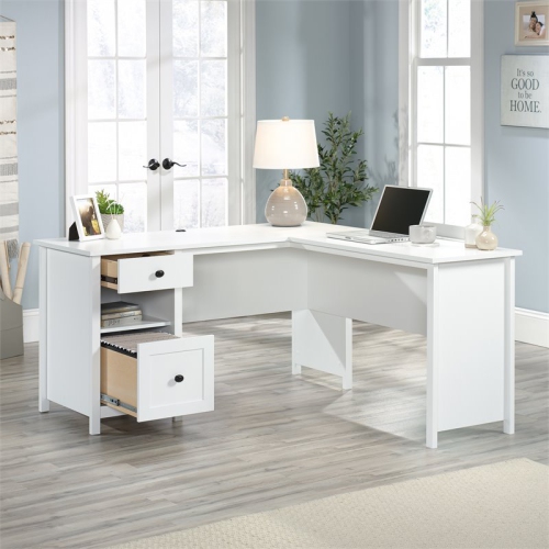 Pemberly Row Wooden L Shaped Computer Desk in Soft White
