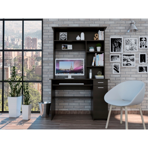 TUHOME Compu 180 Hutch Desk Engineered Wood Desks in Black