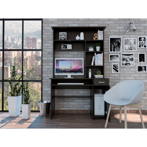 TUHOME Compu 180 Hutch Desk Engineered Wood Desks in Black