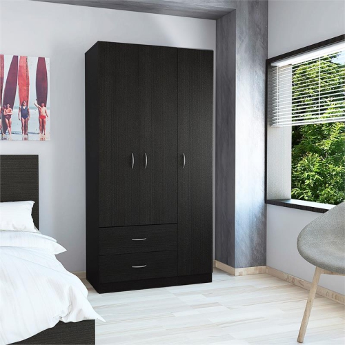 TUHOME Austral 3 Door Armoire Engineered Wood Armoires in Black