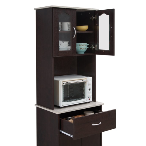 Hodedah Kitchen China with 4-Door 1-Drawer and Microwave Space in Chocolate Wood
