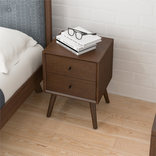 Francesca Mid Century Modern Walnut Nightstand Bed Side Tables with 2 Drawers