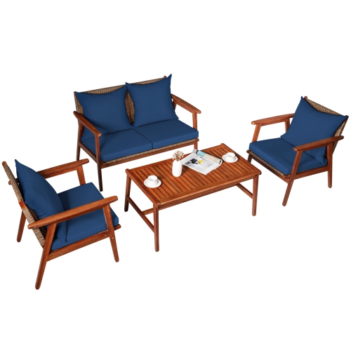 TOPBUY  Patiojoy 4PCs Patio Outdoor Rattan Furniture Set Acacia Wood Frame Conversation Set W/coffee Table Brown/navy/red