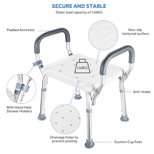 LIVINGbasics Shower Chair with 6-level Adjustable Seat Height, Bath Tub Transfer Bench Safety Seat for Elderly