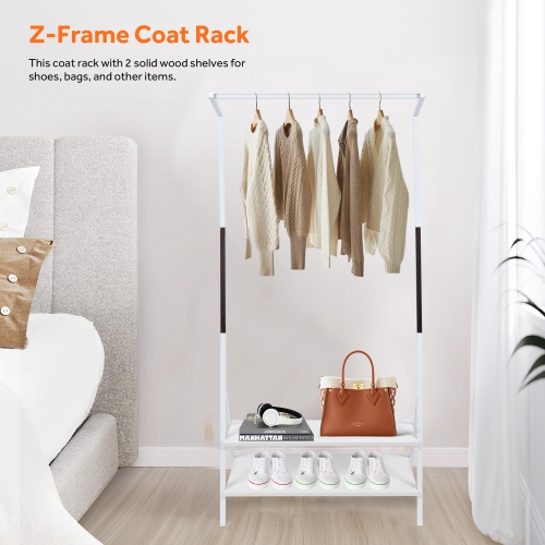 Z-Frame Metal Clothes Hanging Rack with 2-Tier Storage Shelves, Garment Rack for Entryway, Living Room Bedroom and Closets