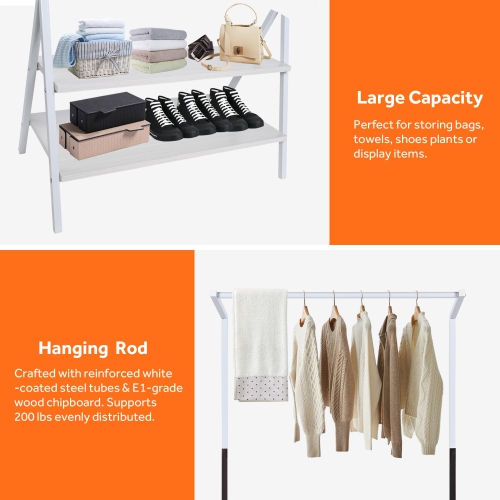 Z-Frame Metal Clothes Hanging Rack with 2-Tier Storage Shelves, Garment Rack for Entryway, Living Room Bedroom and Closets