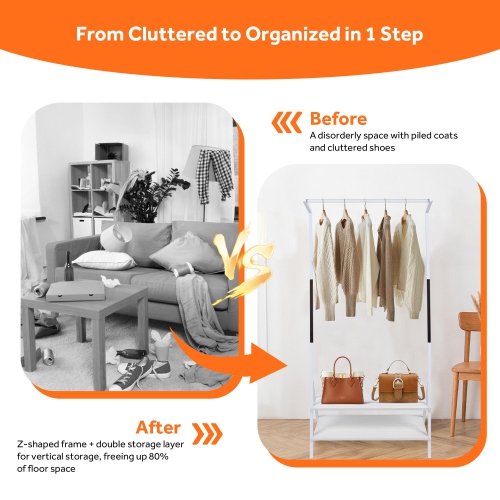 Z-Frame Metal Clothes Hanging Rack with 2-Tier Storage Shelves, Garment Rack for Entryway, Living Room Bedroom and Closets