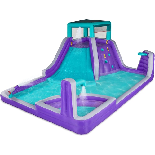 SUNNY & FUN  Four Corner Inflatable Water Slide Park – Heavy-Duty for Outdoor Fun - Climbing Wall, Slide & Deep Pool – Easy to Set Up & Inflate