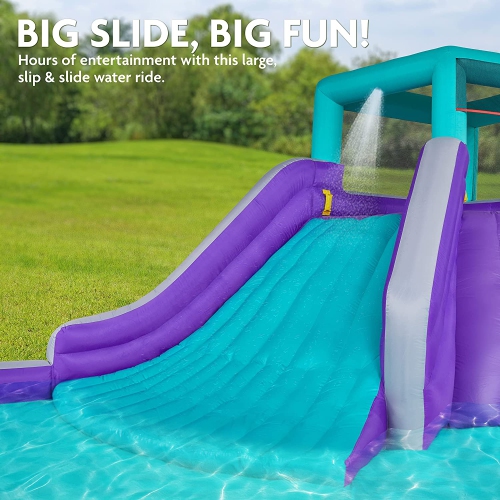Sunny & Fun Four Corner Inflatable Water Slide Park – Heavy-Duty for Outdoor Fun - Climbing Wall, Slide & Deep Pool – Easy to Set Up & Inflate with
