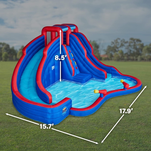 Sunny & Fun Double Dip Inflatable Water Slide Park – Heavy-Duty for Outdoor Fun - Climbing Wall, 2 Slides & Splash Pool – Easy to Set Up & Inflate