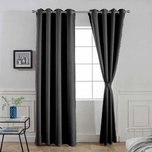 CANADIAN LINEN  Faux Linen Textured Blackout Window Curtain W 52" X L 84" Long Thermal Insulated Burlap Effect Linen Curtain Grommet Top, Charcoal