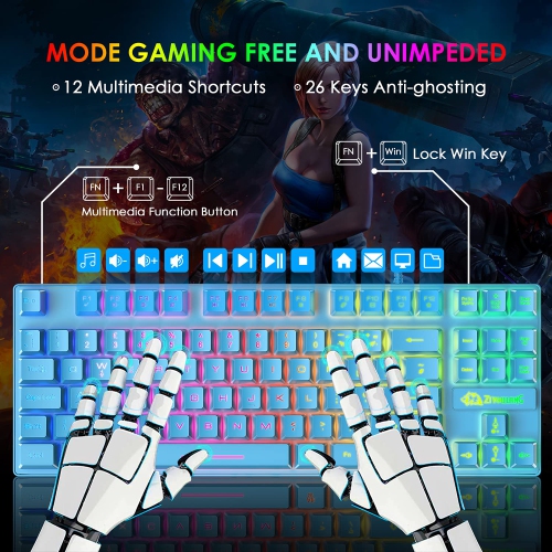 Gaming Keyboard and Mouse Combo,88 Keys Compact Rainbow Backlit Mechanical Feel Keyboard,RGB Backlit 6400 DPI Lightweight Ga