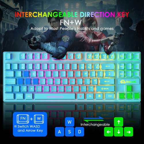 Gaming Keyboard and Mouse Combo,88 Keys Compact Rainbow Backlit Mechanical Feel Keyboard,RGB Backlit 6400 DPI Lightweight Ga