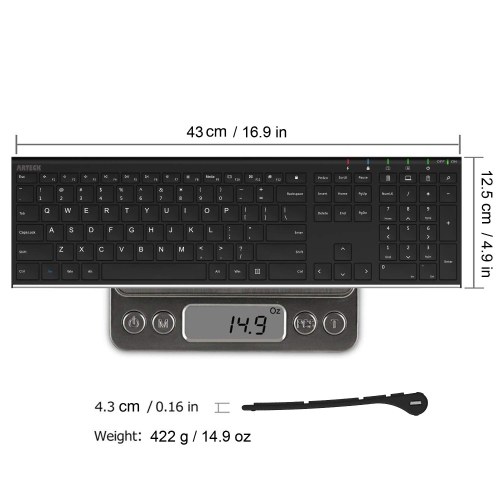 Arteck 2.4G Wireless Keyboard Stainless Steel Ultra Slim Full Size Keyboard with Numeric Keypad for Computer/Desktop/ PC/Lap