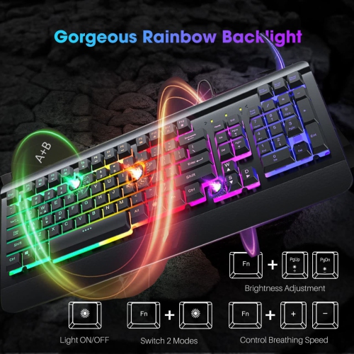 Gaming Keyboard, LED USB Rainbow Backlit Wired Keyboard with Metal Panel, Illuminated Keyboard with Ergonomic Wrist Rest, 19