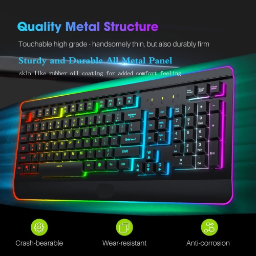 Gaming Keyboard, LED USB Rainbow Backlit Wired Keyboard with Metal Panel, Illuminated Keyboard with Ergonomic Wrist Rest, 19