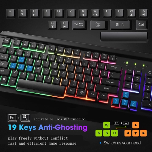 Gaming Keyboard, LED USB Rainbow Backlit Wired Keyboard with Metal Panel, Illuminated Keyboard with Ergonomic Wrist Rest, 19