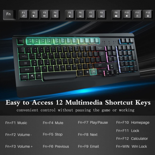 Gaming Keyboard, LED USB Rainbow Backlit Wired Keyboard with Metal Panel, Illuminated Keyboard with Ergonomic Wrist Rest, 19